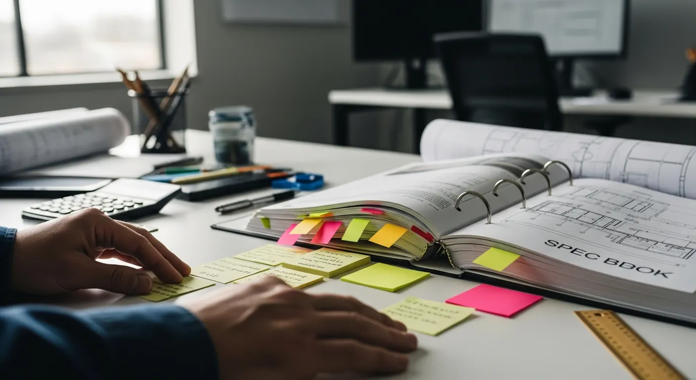 Estimator laying out key notes pulled from a spec book before pricing