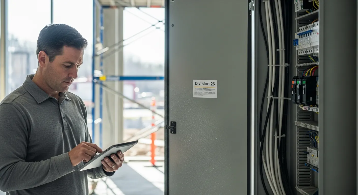 Electrical estimator reviewing Division 26 specs near an electrical panel and conduit