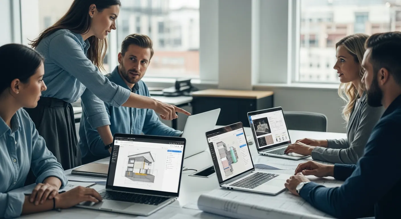 Modern estimating office with laptops showing construction technology tools