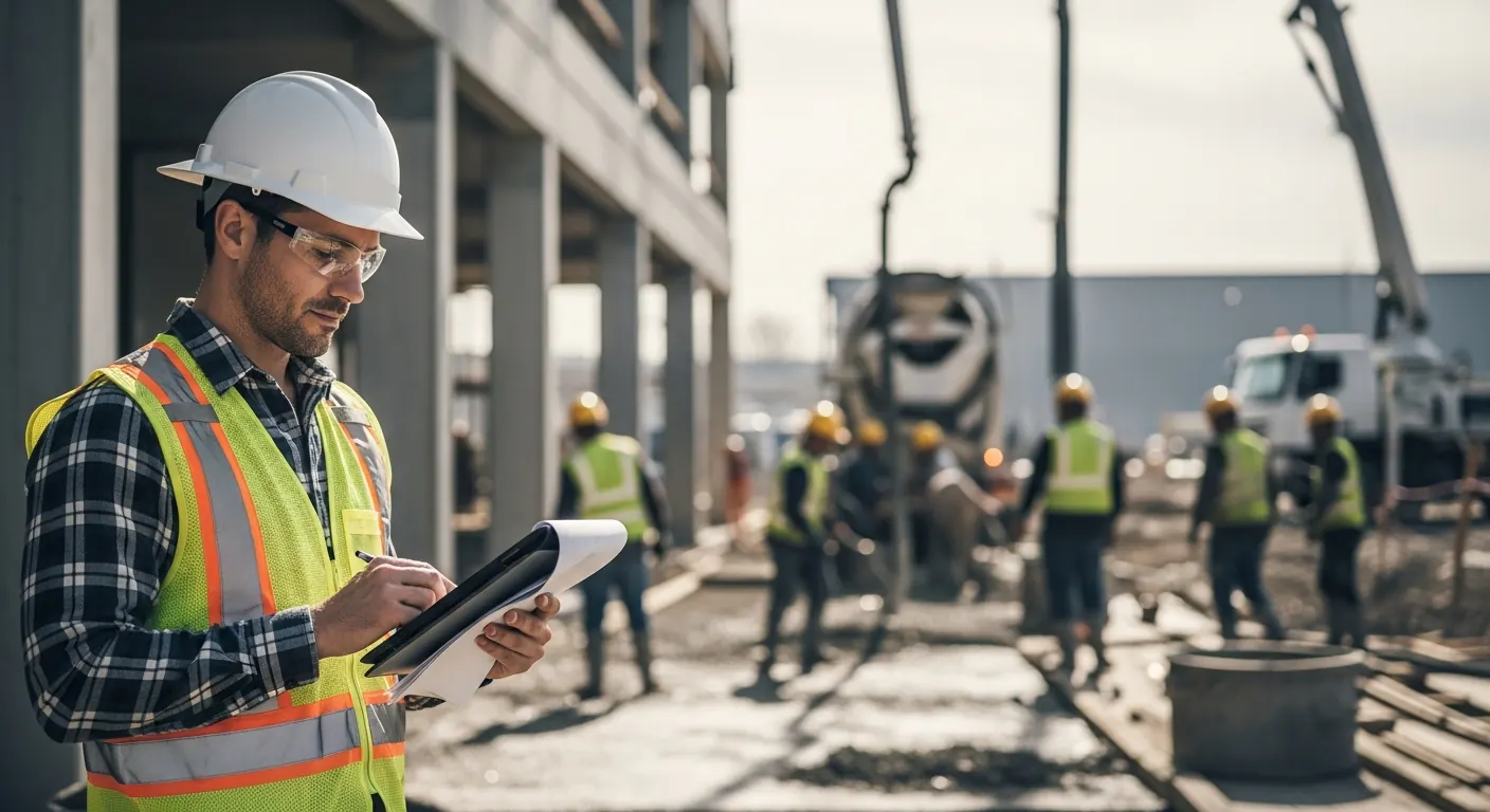 Concrete contractor reviewing mix-design specs at a jobsite during a concrete pour