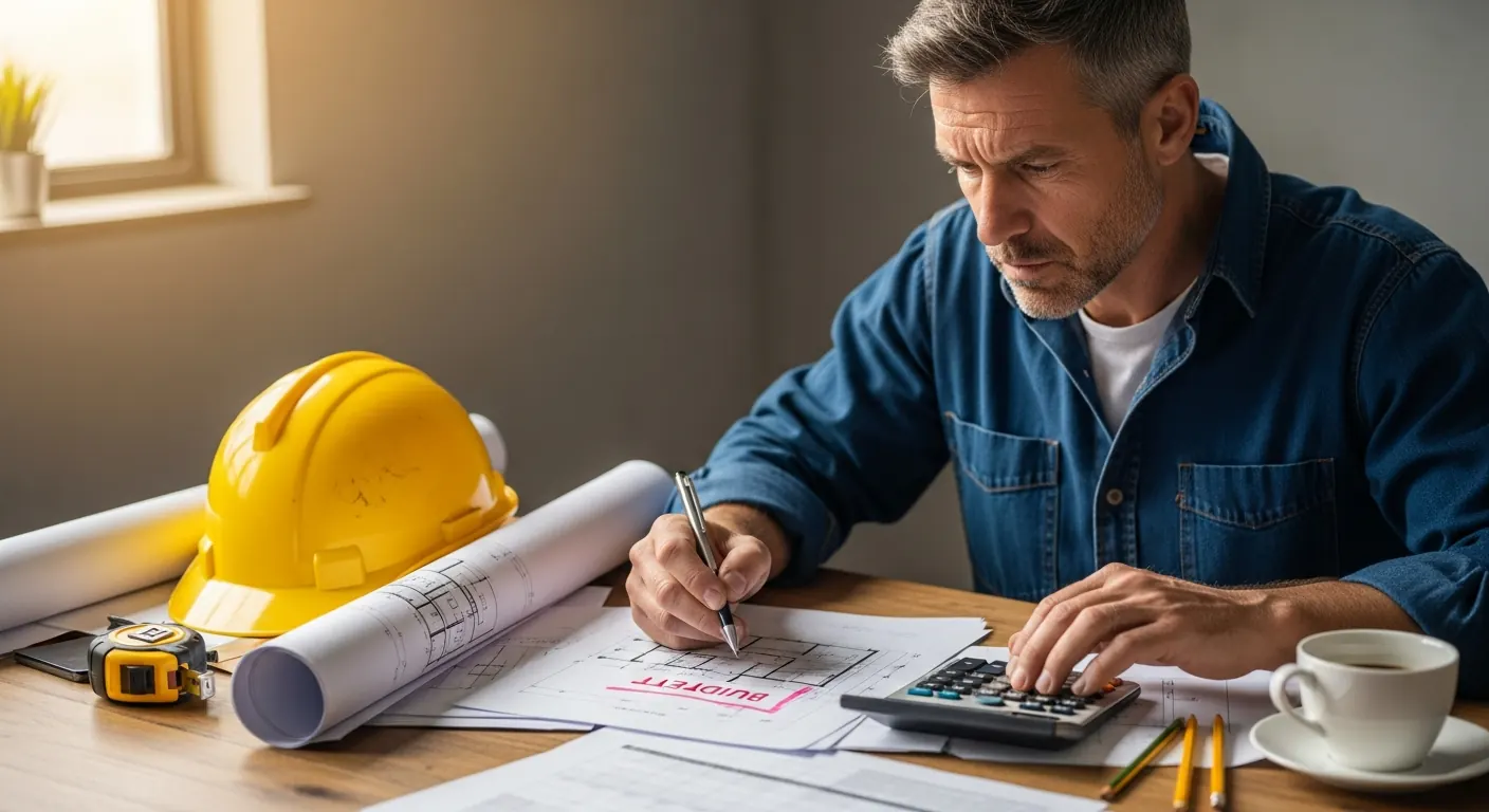 A concerned construction contractor reviewing budget paperwork and blueprints with a calculator at a desk