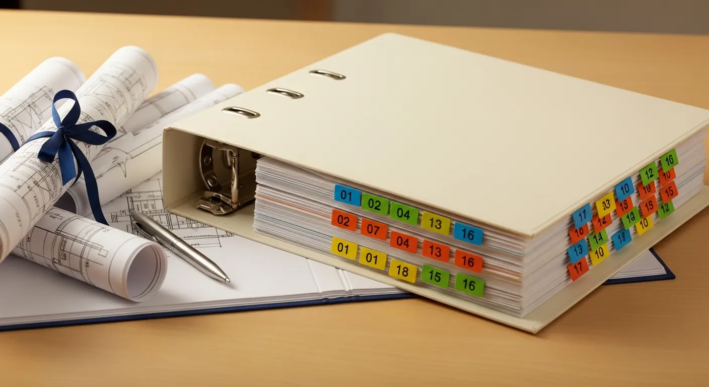 An organized construction specification binder with colored tabbed dividers separating numbered sections