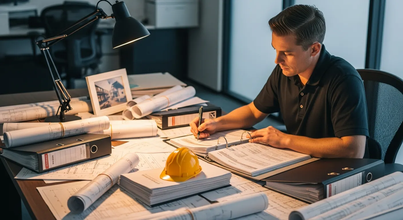Construction estimator at a desk surrounded by thick project specification binders and architectural drawings
