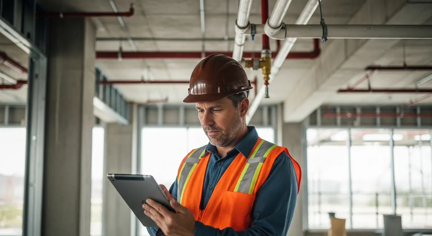 Estimator reviewing fire-protection specs near overhead sprinkler piping
