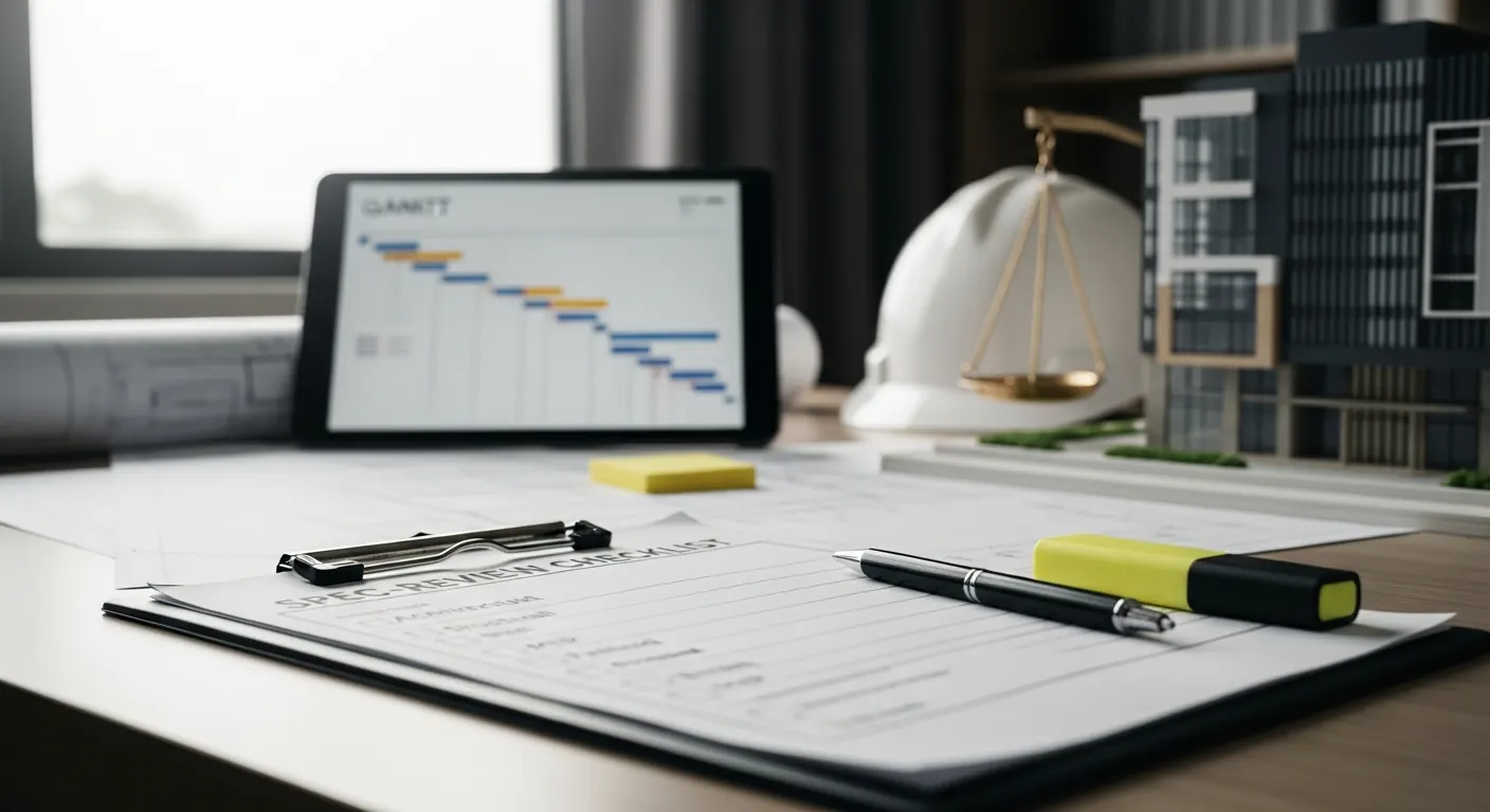 Printed spec-review checklist on a clipboard on an organized estimator's desk