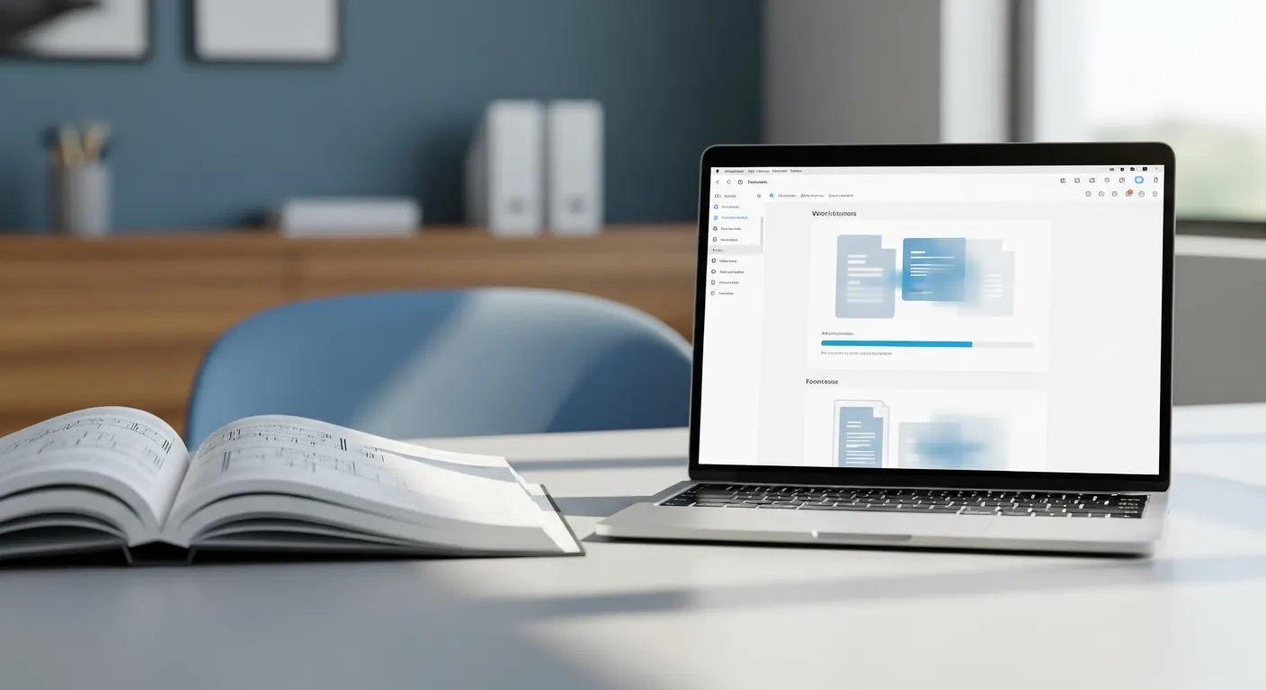 Clean desk with a laptop displaying a spec-document scanning workflow beside an open spec book