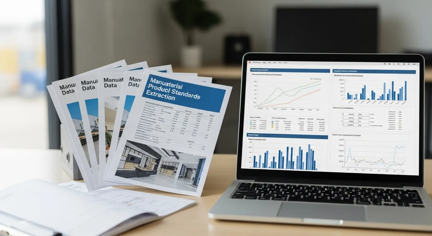 Manufacturer product data sheets fanned out beside a laptop extracting material standards