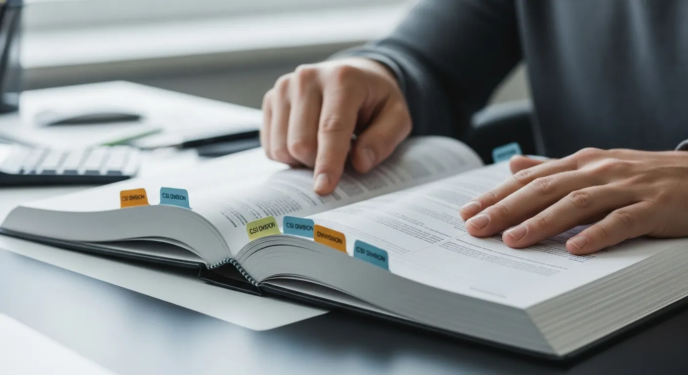 Estimator comparing tabbed CSI division sections across an open spec book