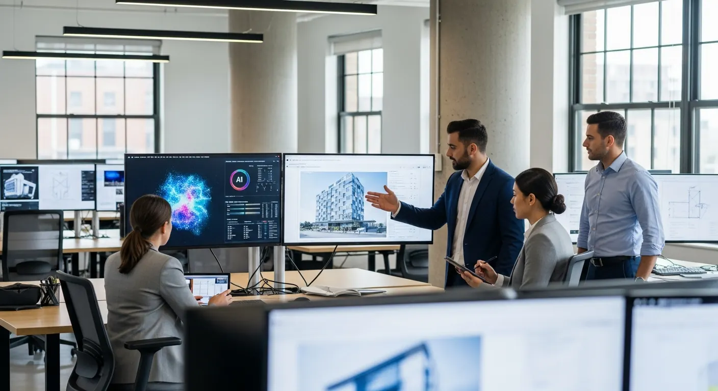 Modern preconstruction office using AI on large monitors displaying spec documents