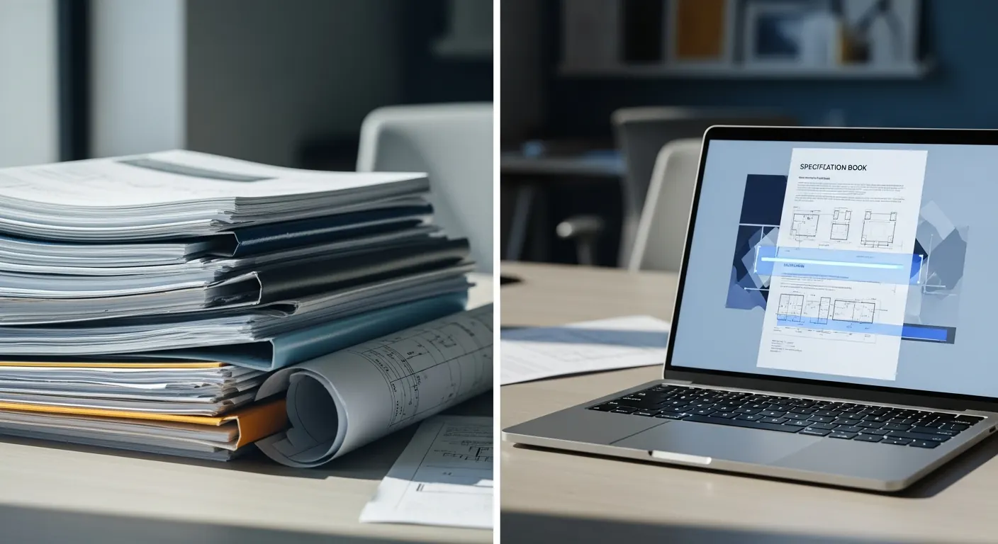 Desk split between a stack of paper specs and a laptop rapidly scanning a PDF spec book