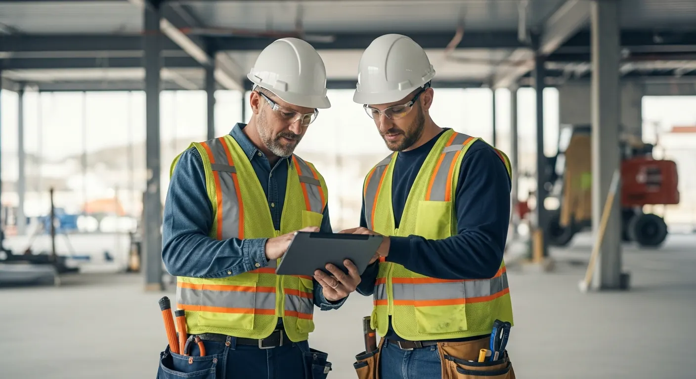 General contractor and subcontractor collaborating over shared spec data on a tablet at a jobsite