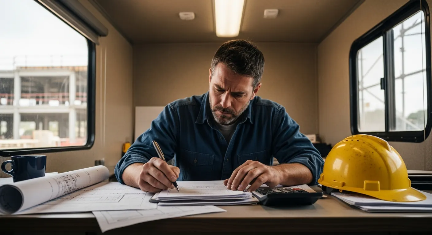 Contractor reviewing change-order paperwork with a concerned expression at a jobsite trailer desk
