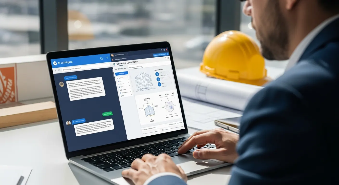 Estimator comparing a general AI chat window with a purpose-built spec tool on a laptop