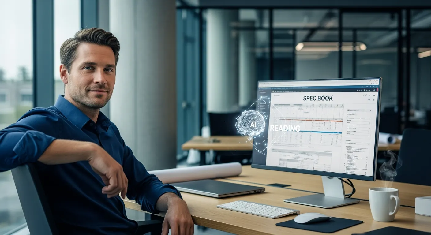 Confident estimator at a desk while AI reads a spec book on the screen