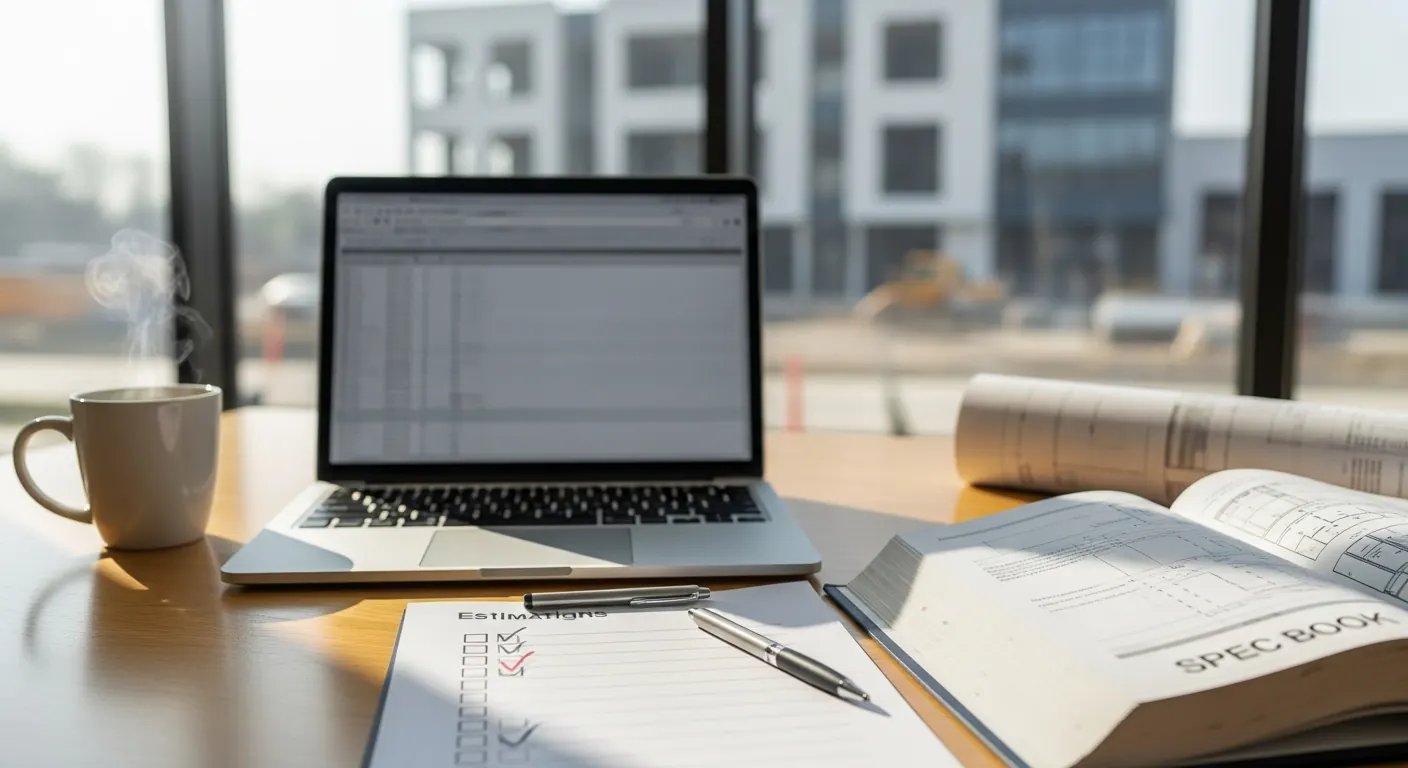 Organized estimating desk with a laptop, checklist, and spec book arranged as a bid-prep workflow