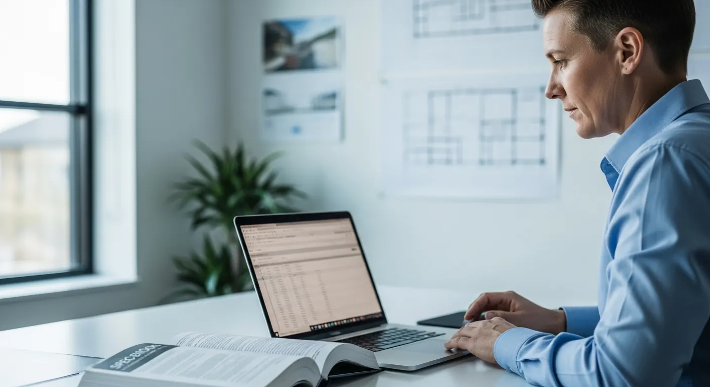 Estimator building a submittal log on a laptop next to an open spec book