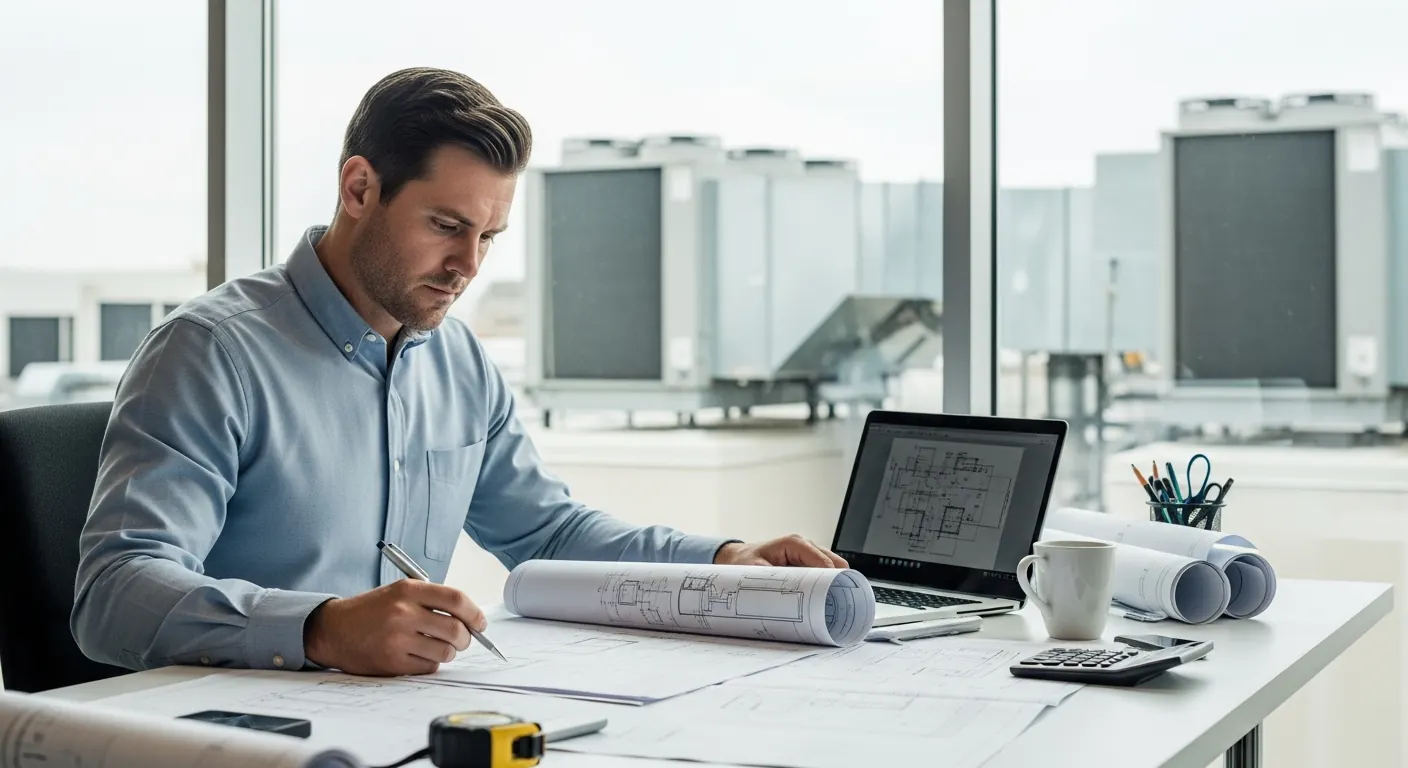 HVAC estimator reviewing mechanical specs with rooftop HVAC units visible in the background
