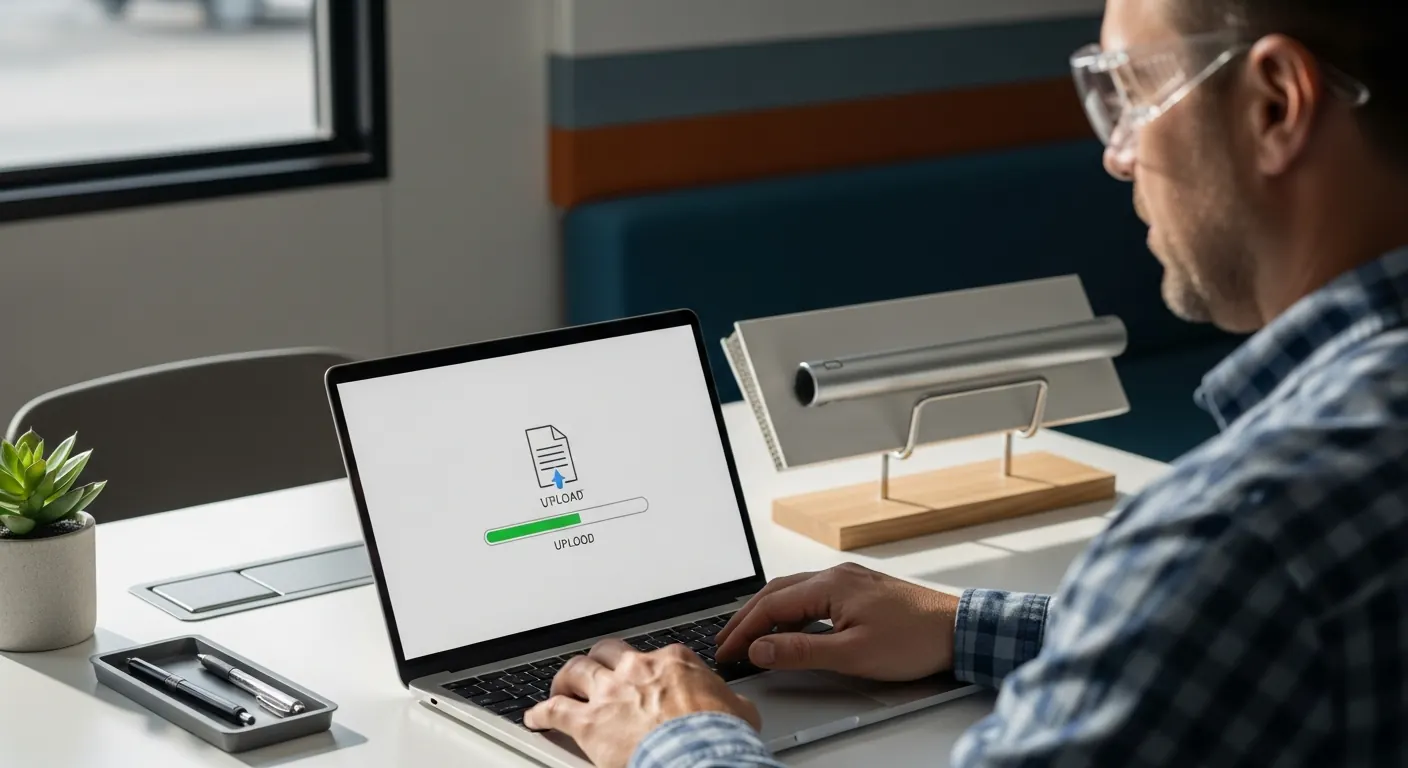 Contractor uploading a product-manual PDF on a laptop at a clean modern desk