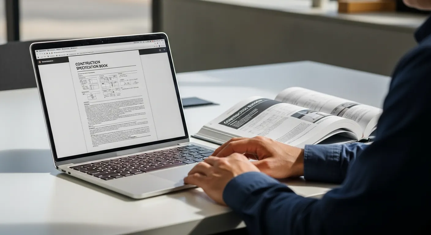 Estimator using a laptop to extract requirements from a spec-book PDF beside a printed spec book