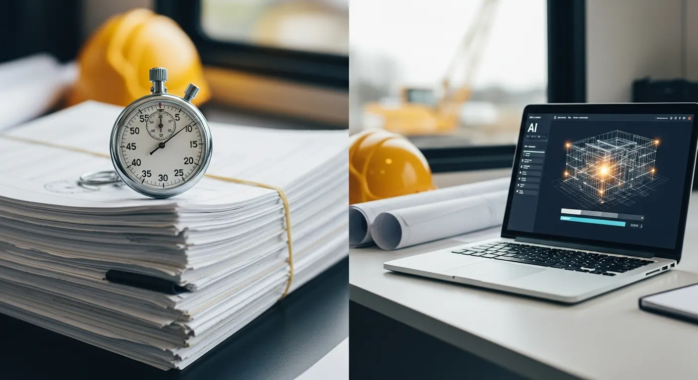 Side-by-side comparison of manual paper spec review with a stopwatch versus a laptop AI scan