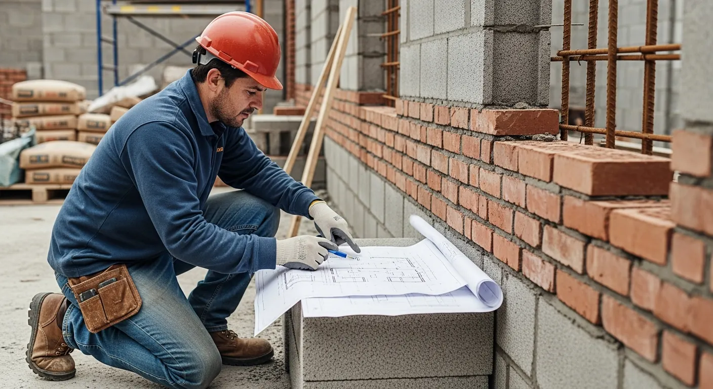 Mason reviewing specs beside a partially built commercial brick and block wall