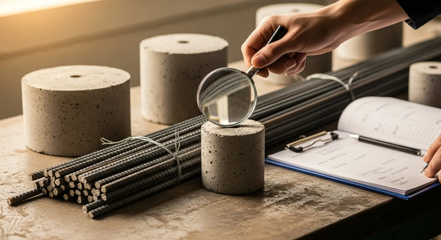 Concrete test cylinders and bundled steel reinforcing bars on an industrial workbench with an inspection clipboard