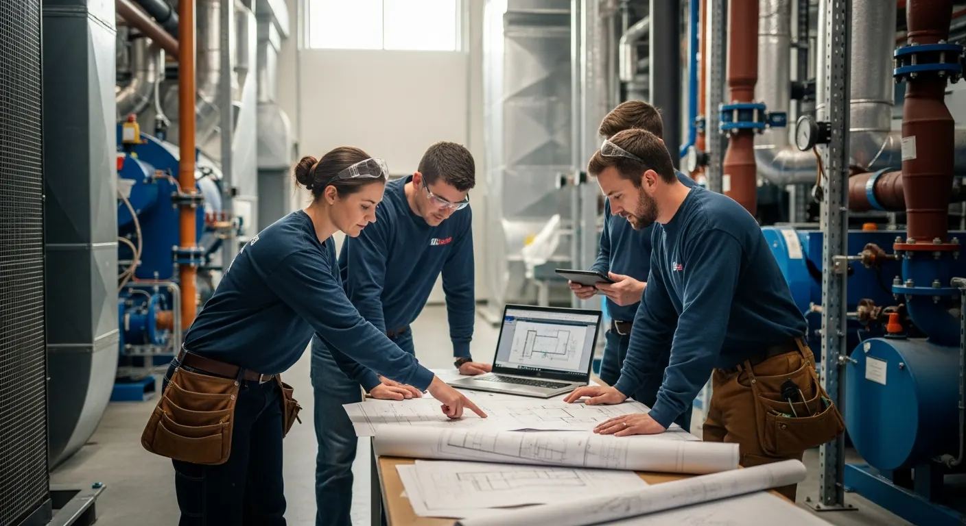 HVAC subcontractor crew reviewing mechanical specs in a mechanical equipment room
