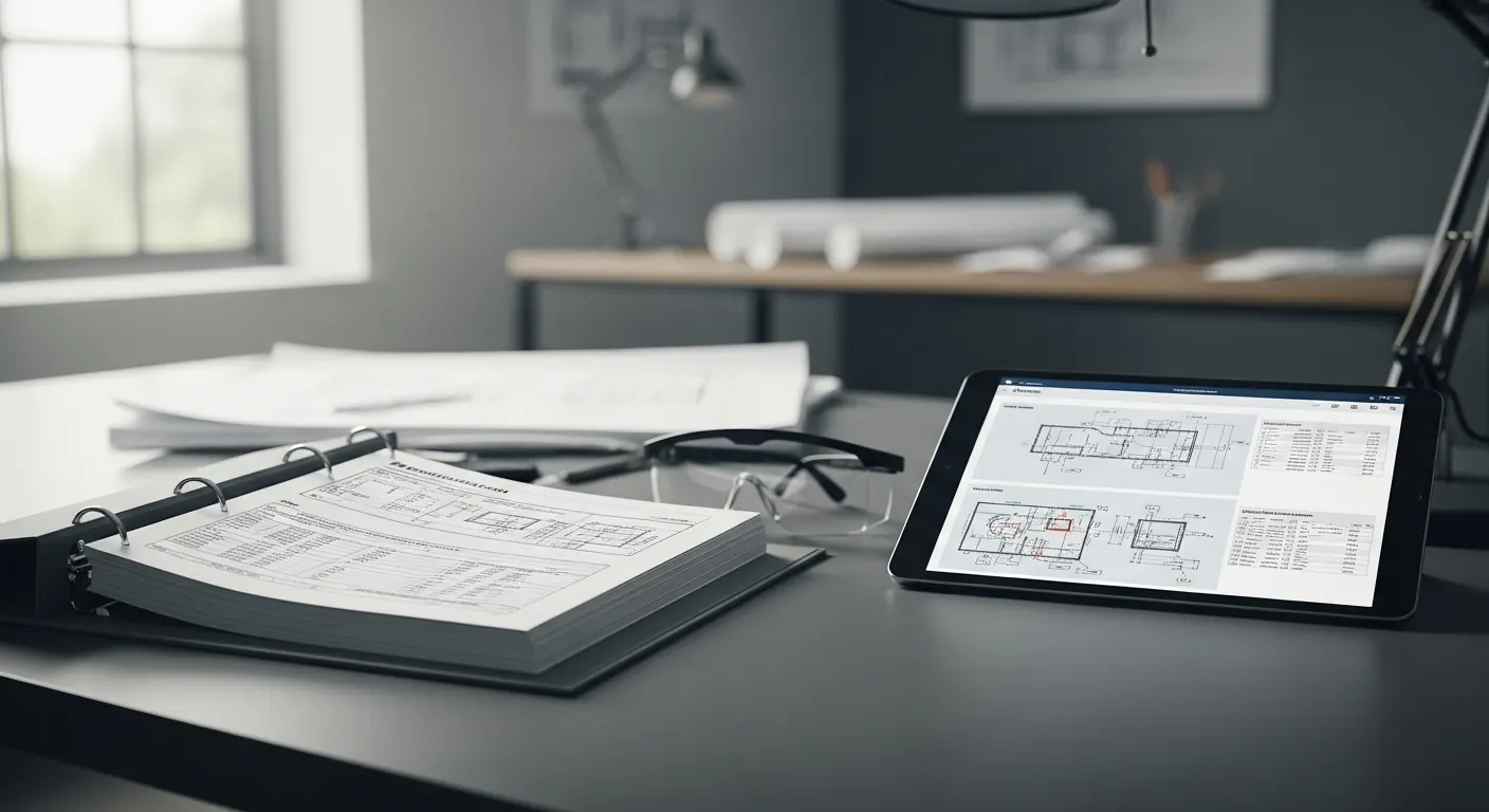 Desk comparing a printed PDF spec binder with a tablet running a digital spec tool