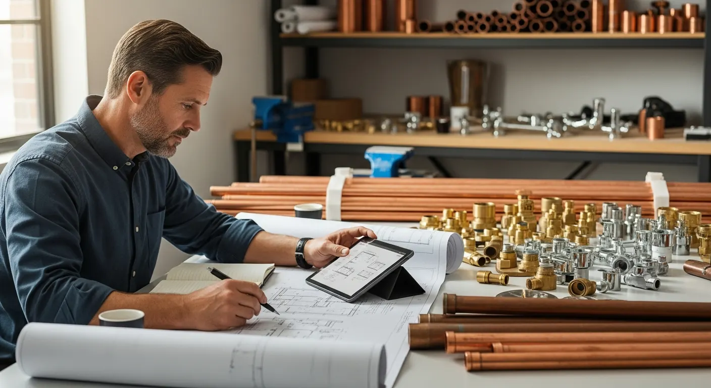 Plumbing estimator reviewing Division 22 specs with piping and fixtures in the background
