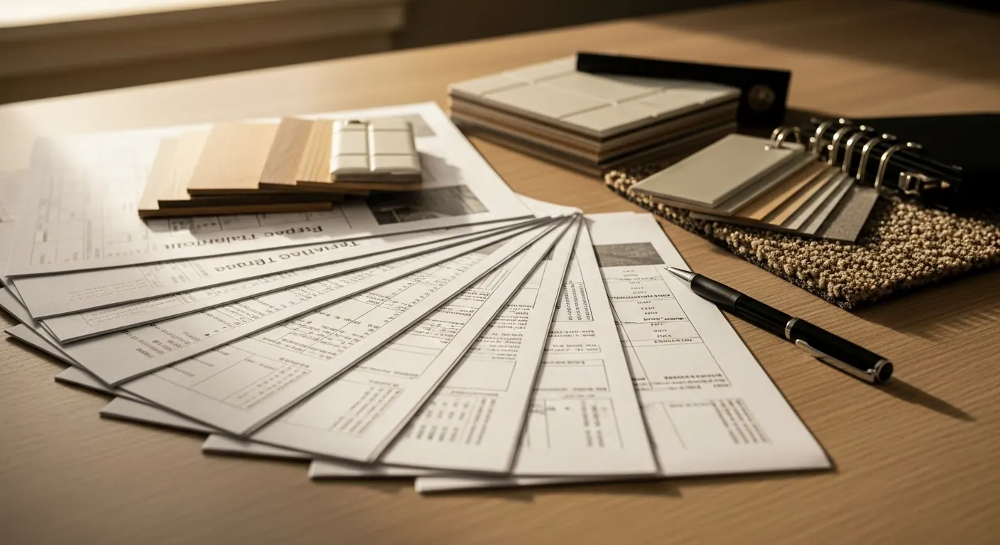 Manufacturer product data sheets and technical binders fanned out on a contractor's desk next to material samples