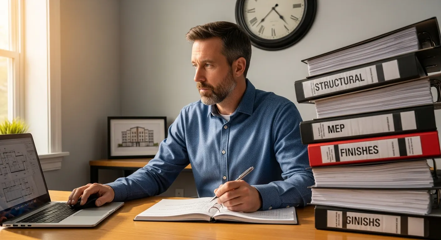 A construction estimator at a desk facing a tall stack of thick specification binders with a wall clock in the background