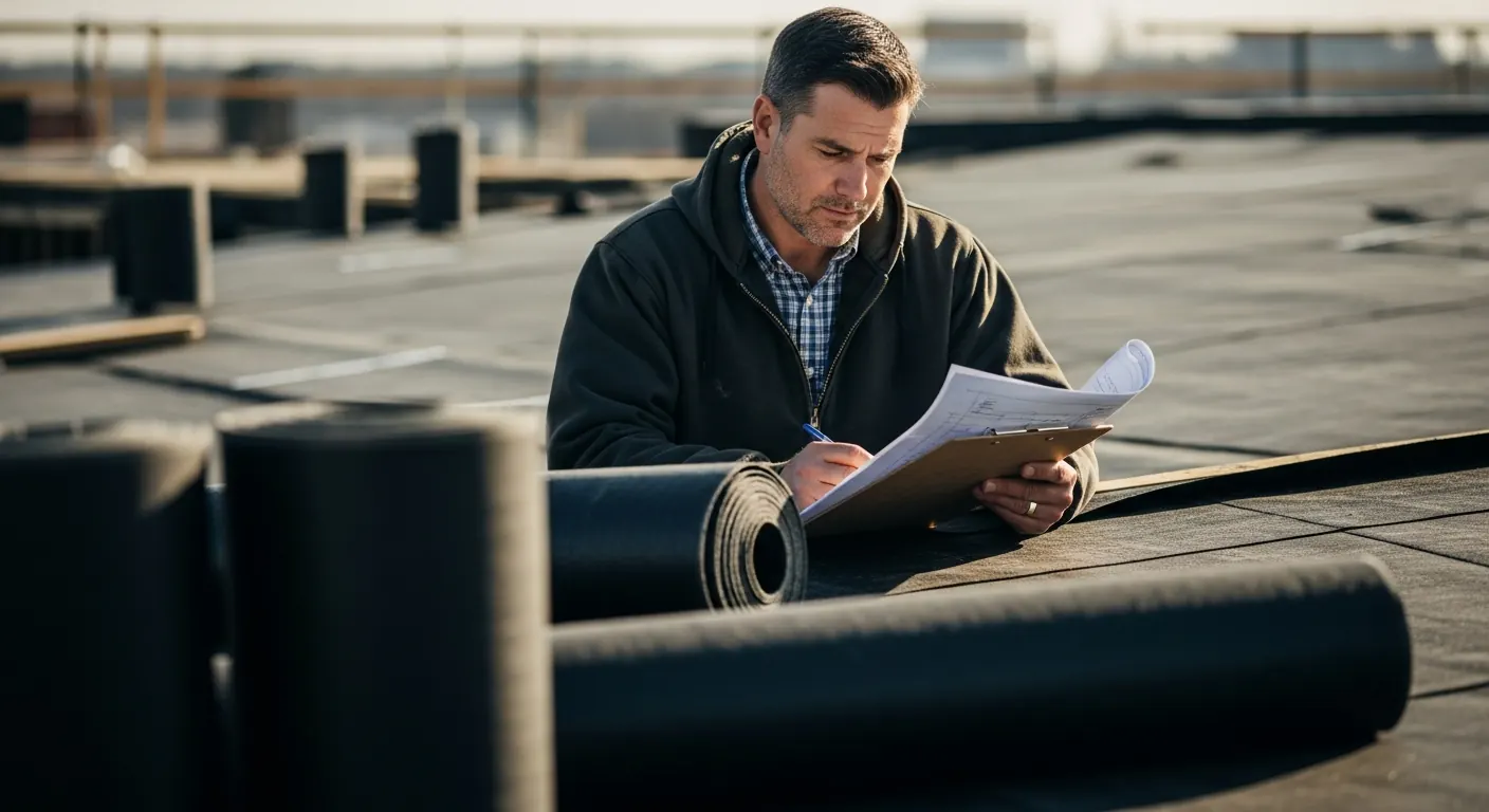Roofing estimator reviewing specs on a commercial flat roof under construction