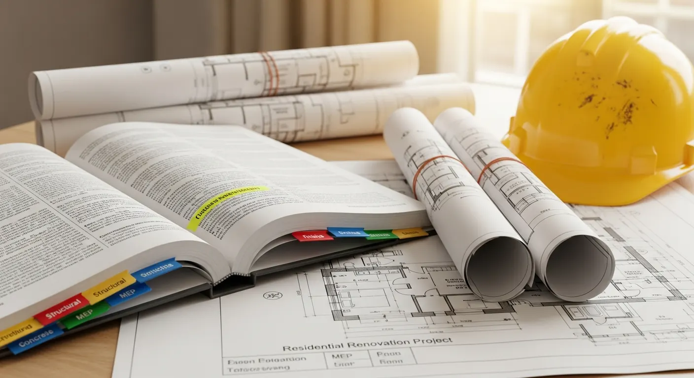 A thick construction specification book with tabbed dividers lying open beside rolled architectural drawings