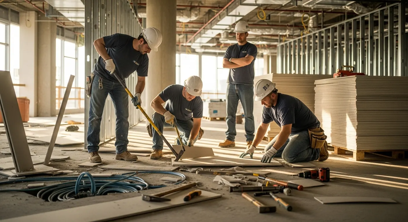 Construction workers in hard hats removing and redoing recently installed work on a commercial jobsite interior