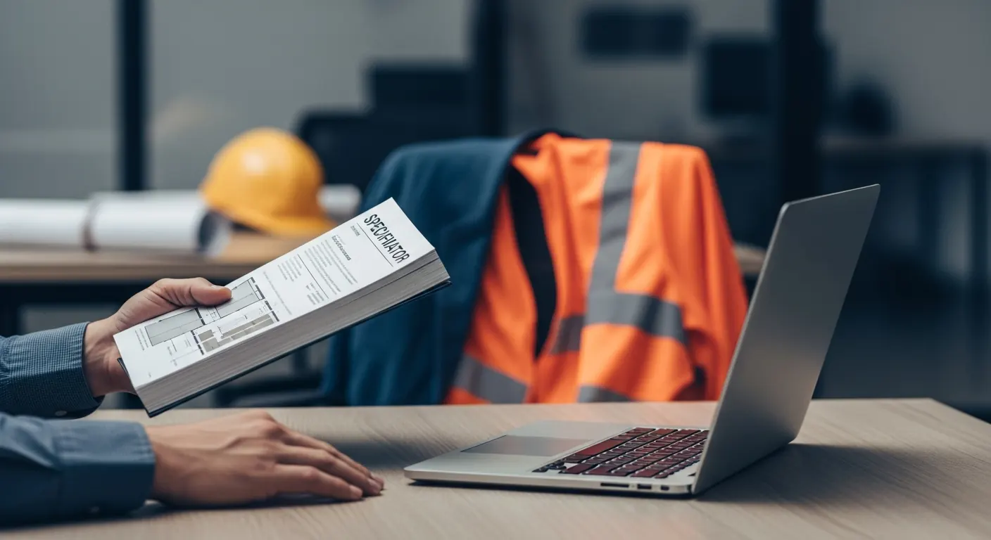 Estimator weighing a thick paper spec book against a laptop on a desk