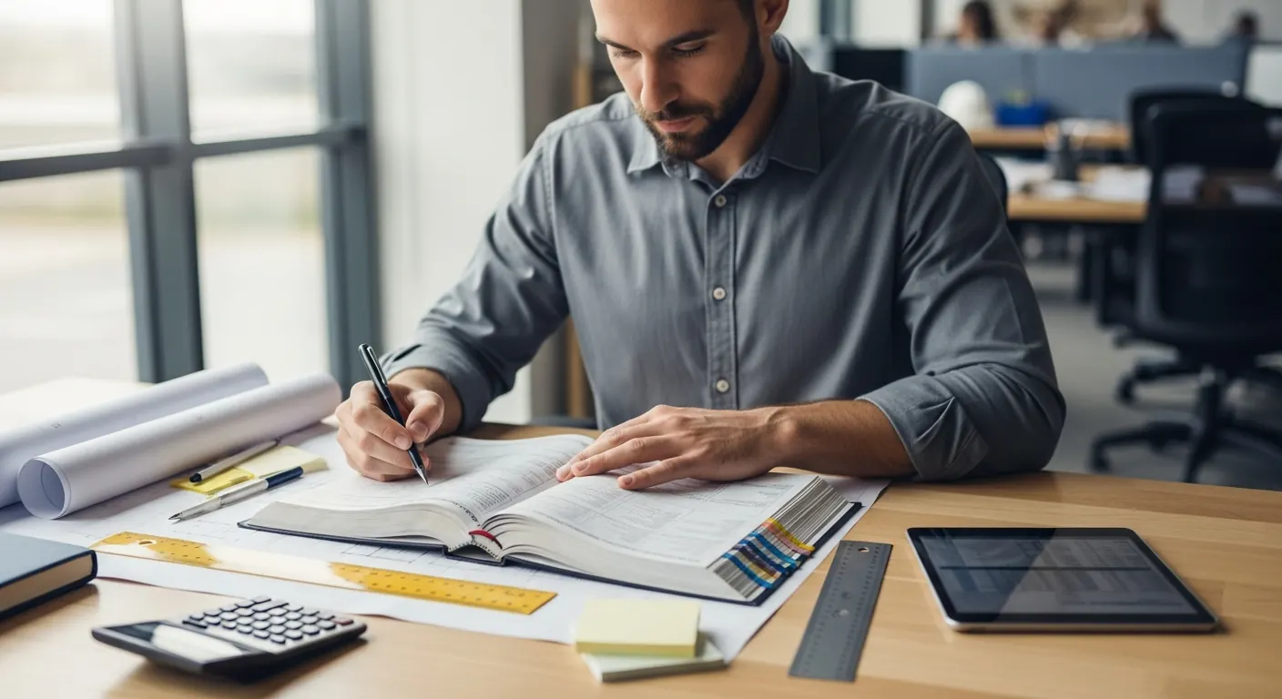 Estimator methodically reviewing a tabbed spec book with organized tools on the desk