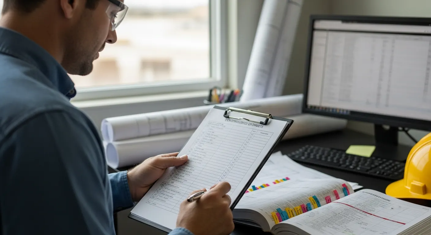Estimator working through a printed checklist on a clipboard beside an open spec book