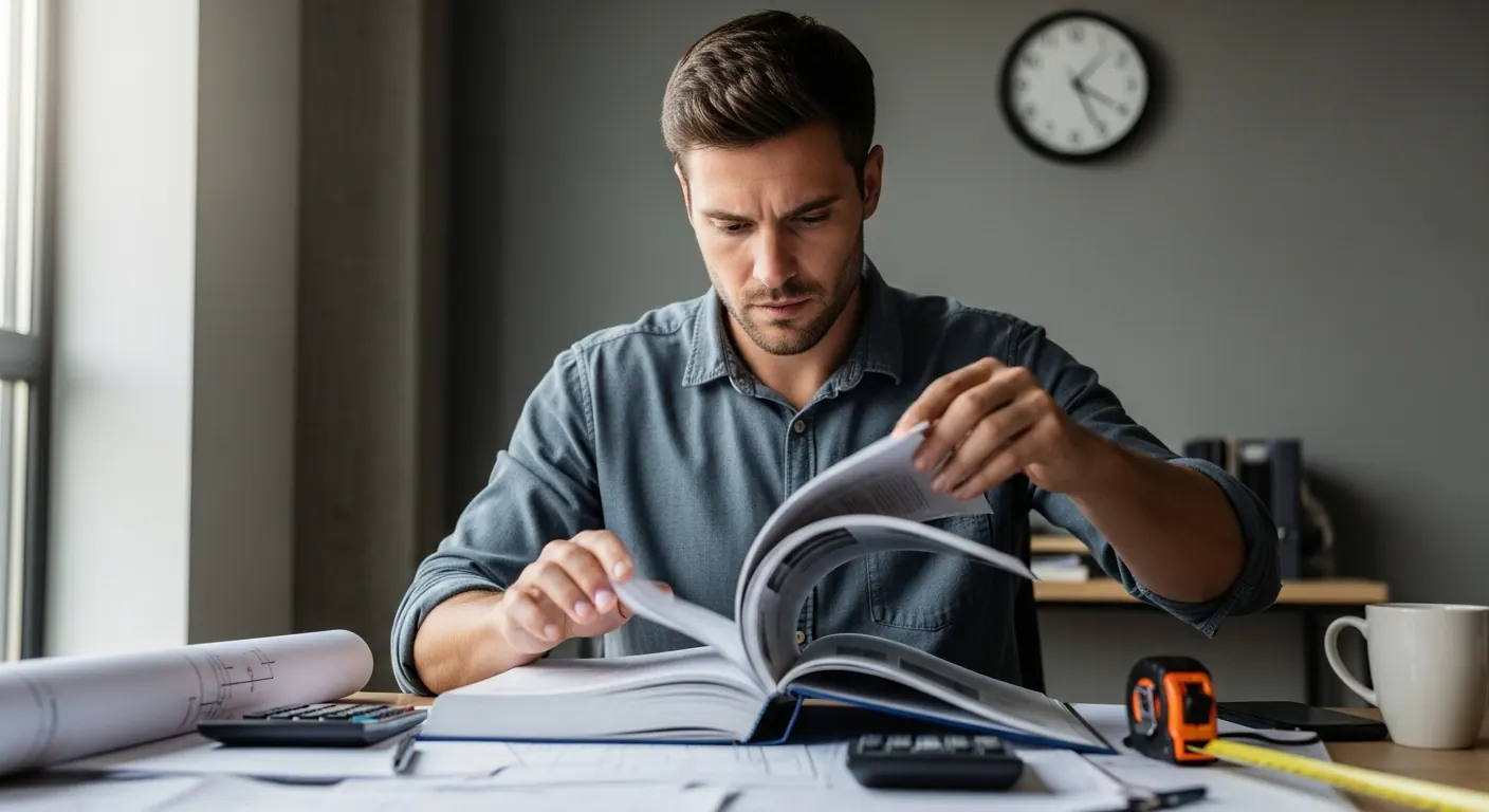 Construction estimator quickly skimming a thick product manual at a busy desk under deadline pressure