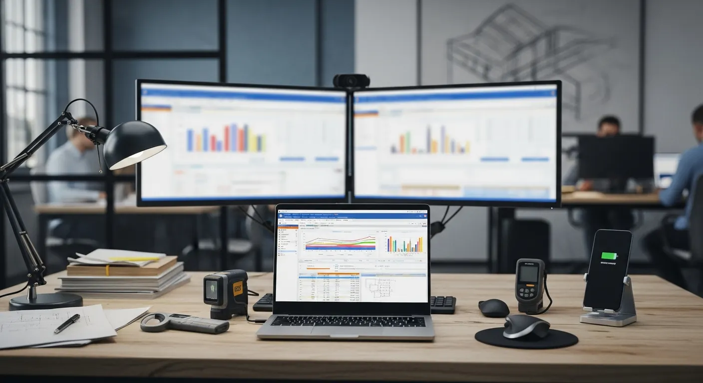 Estimator's desk with modern time-saving technology and estimating software on a laptop