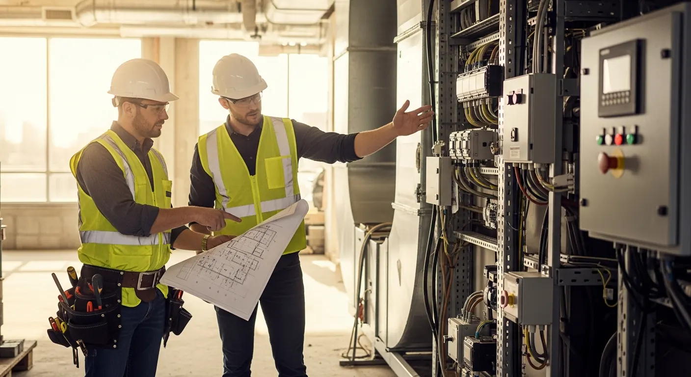 Two construction tradespeople in hard hats coordinating beside mechanical and electrical equipment over a set of drawings