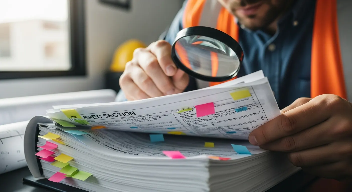 Estimator searching deep into a thick spec section flagged with sticky notes