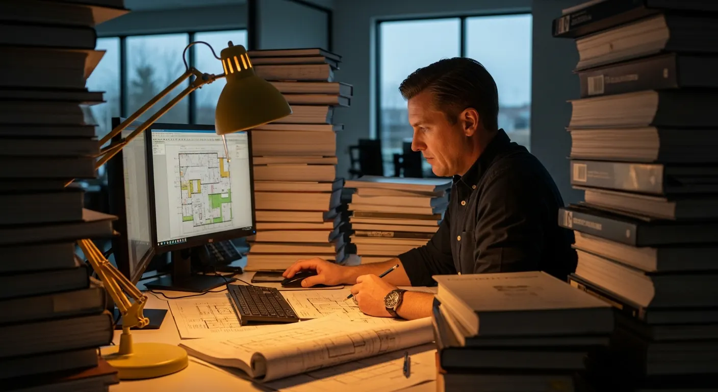 Estimator working late surrounded by stacks of spec books in a preconstruction office