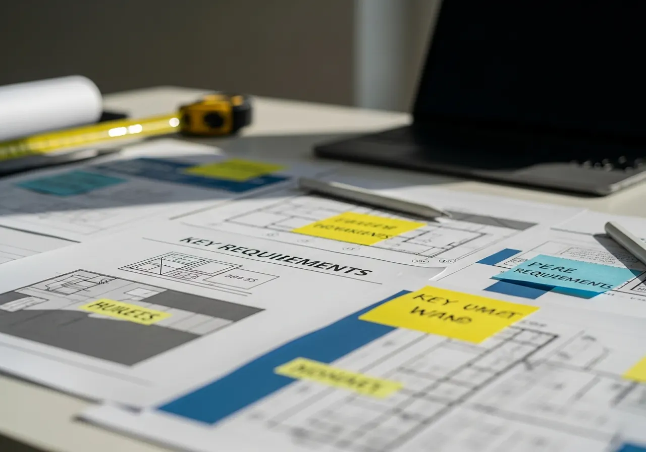 Close-up of highlighted key spec requirements and notes on a desk