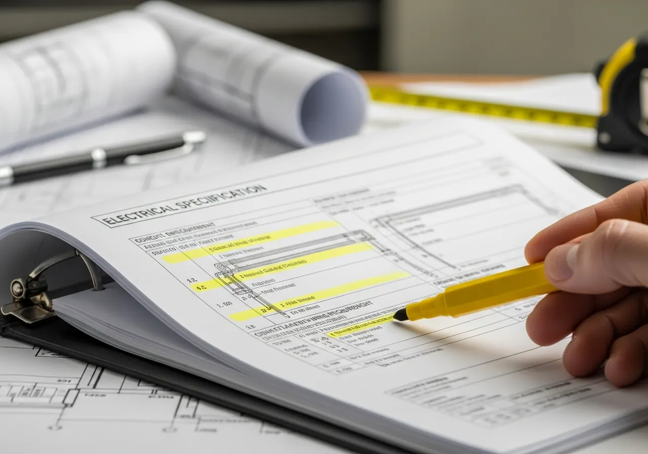 Close-up of an electrical specification page with conduit and wiring requirements highlighted