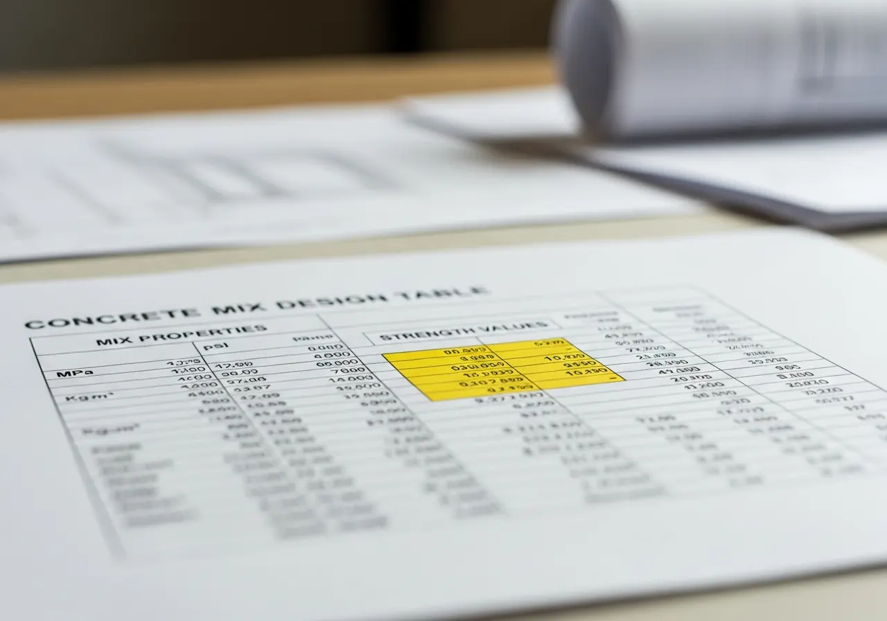 Close-up of a concrete mix-design table on a specification page