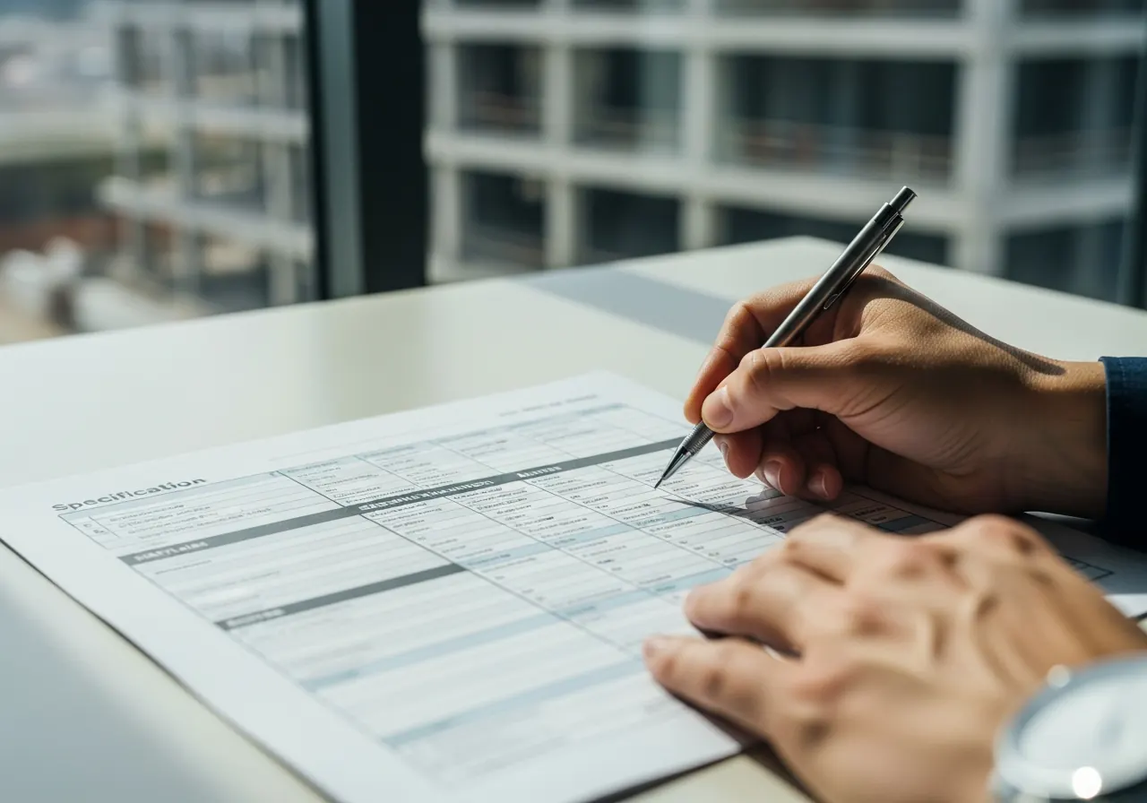 Close-up of a structured spec-extraction template being filled in