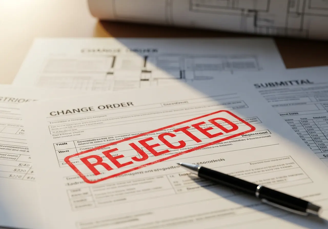 Close-up of construction change-order and submittal paperwork with a red rejection stamp mark on a document