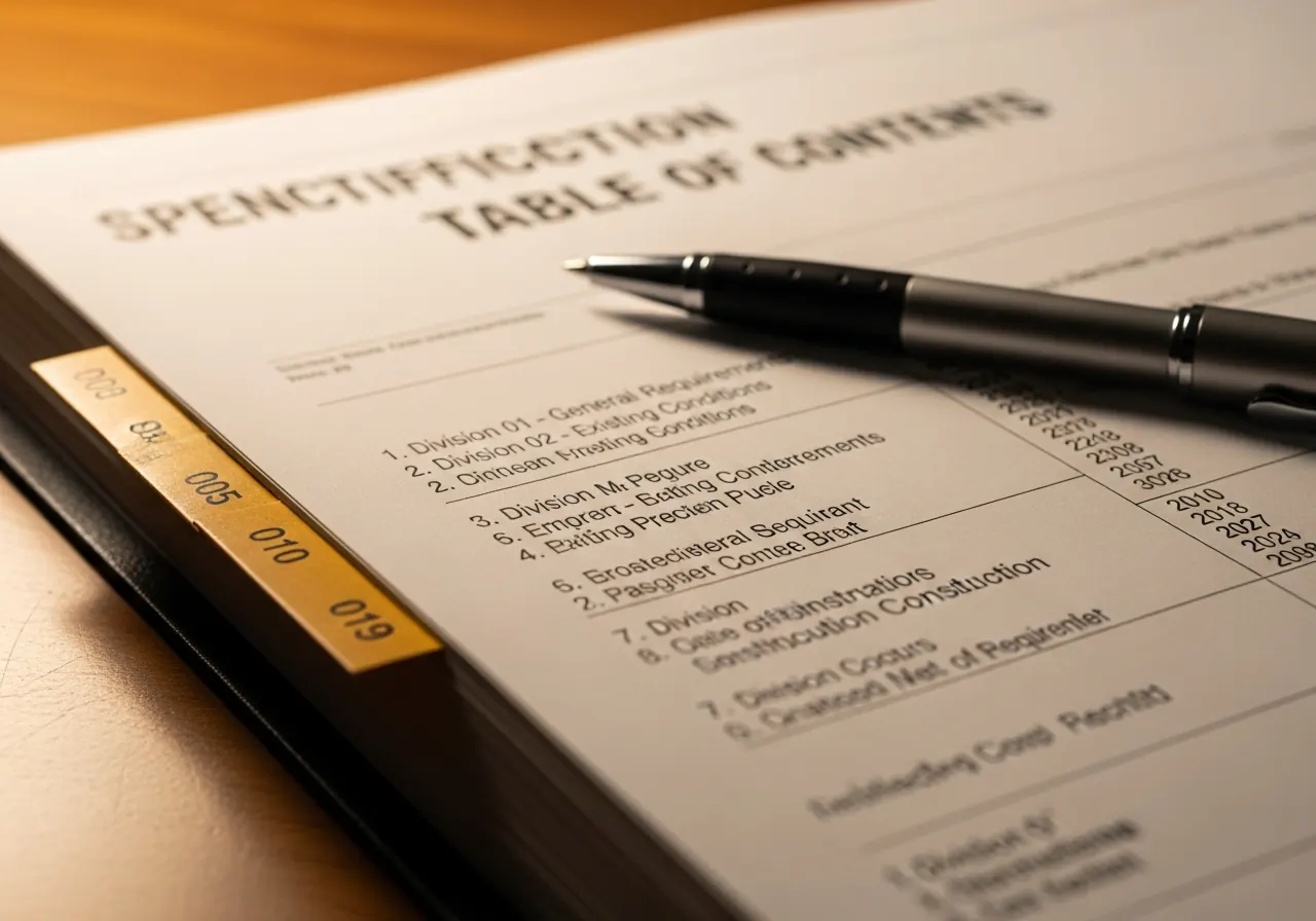 Close-up of a construction spec book table-of-contents page with numbered division tabs and a pen