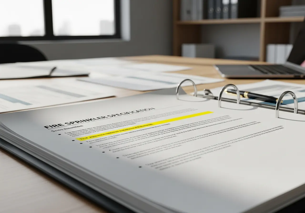 Close-up of a fire-protection specification page with code requirements highlighted