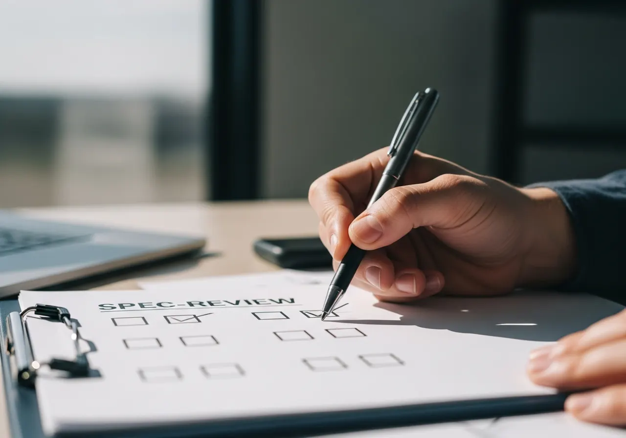 Close-up of a spec-review checklist with checkboxes being ticked